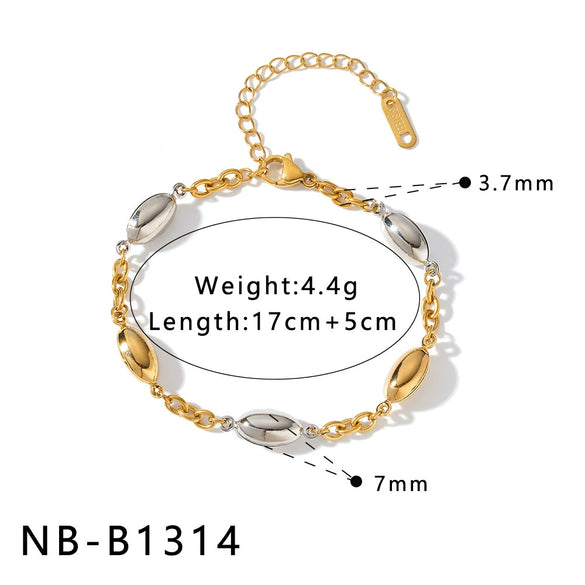 Minimalist 18K Gold Plated Stainless Steel Oval Bead Necklace And Bracelet Set For Women With Geometric Design