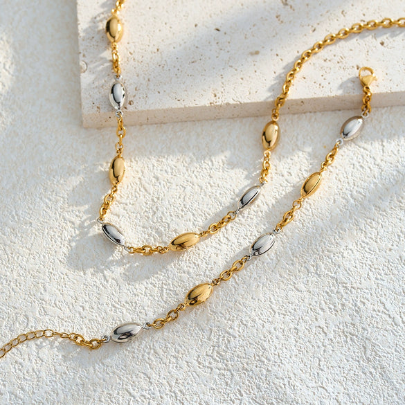 Minimalist 18K Gold Plated Stainless Steel Oval Bead Necklace And Bracelet Set For Women With Geometric Design