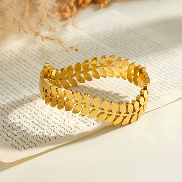 Minimalist Leaf Shaped Stainless Steel Bracelet With Gold Vacuum Plated Finish Elegant Fashion Jewelry For Women