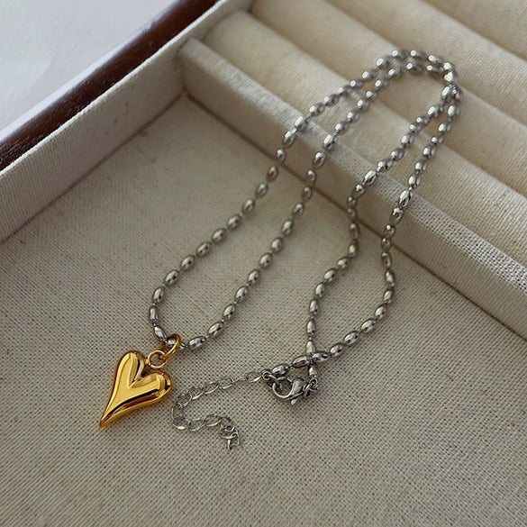 Minimalist Love Rice Bead Necklace For Women Titanium Steel Stainless Steel Heart Shape Electroplating Ball Chain
