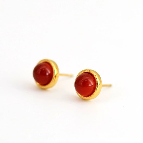 Minimalist Mini Stainless Steel 18K Gold Plated Red Agate Geometric Round Egg Face Inlaid Earrings