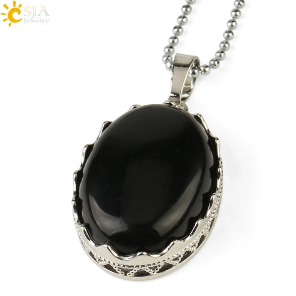 Minimalist Natural Amethyst Crystal Oval Pendant Necklace With Ball Chain Simple Unisex Jewelry