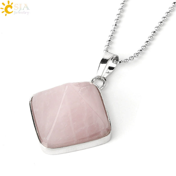 Minimalist Natural Crystal Rhombus Pendant Necklace With Ball Chain For Women Simple Pyramid Style Necklace