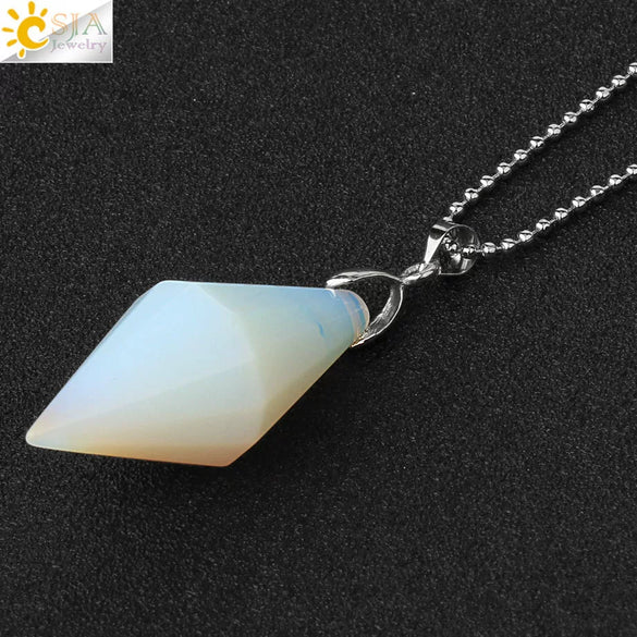 Minimalist Natural Crystal Rhombus Pendant Necklace With Polished Stone On Ball Chain For Unisex Wear