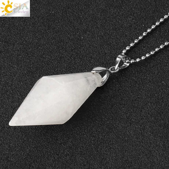 Minimalist Natural Crystal Rhombus Pendant Necklace With Polished Stone On Ball Chain For Unisex Wear