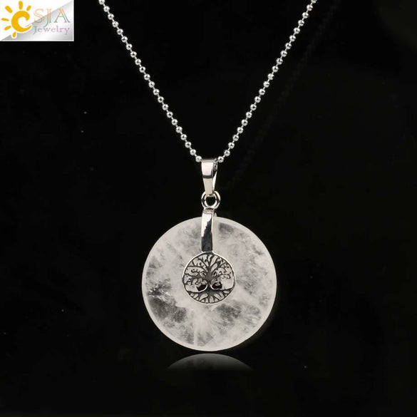 Minimalist Natural Crystal Tree Of Life Peace Buckle Pendant Necklace With Ball Chain Gemstone Jewelry