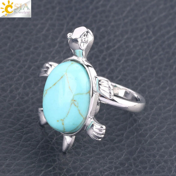 Minimalist Natural Stone And Alloy Turtle Open Ring Adjustable Animal Design Ring For Women