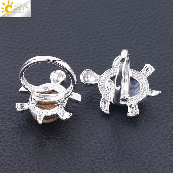 Minimalist Natural Stone And Alloy Turtle Open Ring Adjustable Animal Design Ring For Women