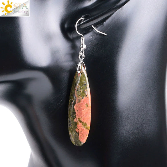 Minimalist Natural Stone And Copper Geometric Teardrop Earrings With Faceted Flat Cut Long Drop Design For Women