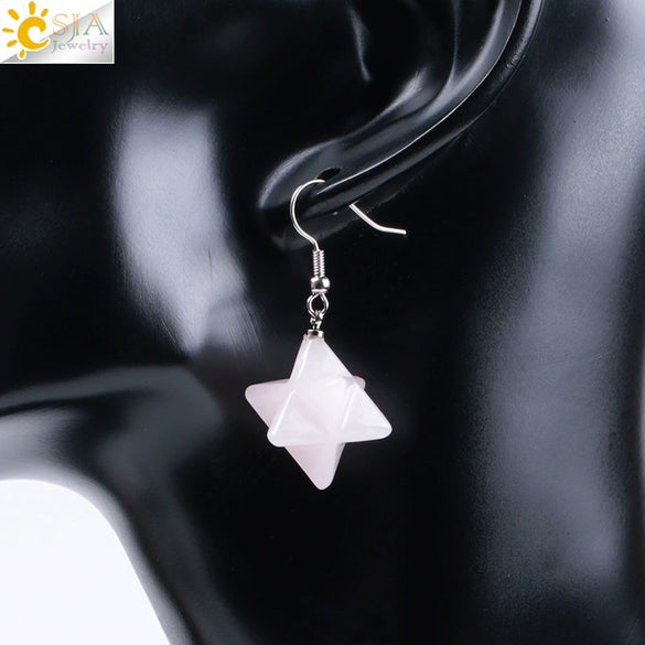 Minimalist Natural Stone And Copper Merkaba Six Pointed Star Earrings For Women Crystal Jewelry