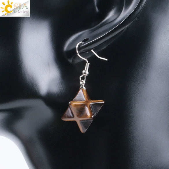 Minimalist Natural Stone And Copper Merkaba Six Pointed Star Earrings For Women Crystal Jewelry