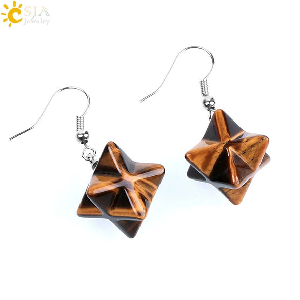 Minimalist Natural Stone And Copper Merkaba Six Pointed Star Earrings For Women Crystal Jewelry