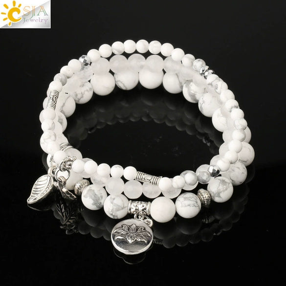Minimalist Natural Stone Beaded Stretch Bracelet With Crystal Flower Pendant Three Row Unisex Bracelet