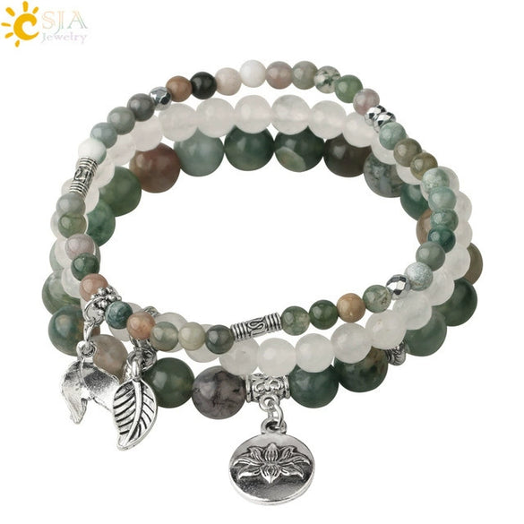 Minimalist Natural Stone Beaded Stretch Bracelet With Crystal Flower Pendant Three Row Unisex Bracelet