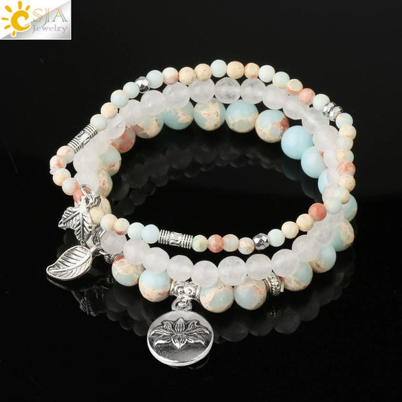 Minimalist Natural Stone Beaded Stretch Bracelet With Crystal Flower Pendant Three Row Unisex Bracelet
