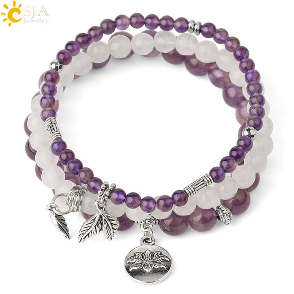 Minimalist Natural Stone Beaded Stretch Bracelet With Crystal Flower Pendant Three Row Unisex Bracelet