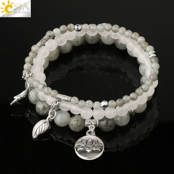 Minimalist Natural Stone Beaded Stretch Bracelet With Crystal Flower Pendant Three Row Unisex Bracelet