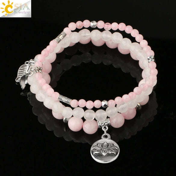Minimalist Natural Stone Beaded Stretch Bracelet With Crystal Flower Pendant Three Row Unisex Bracelet