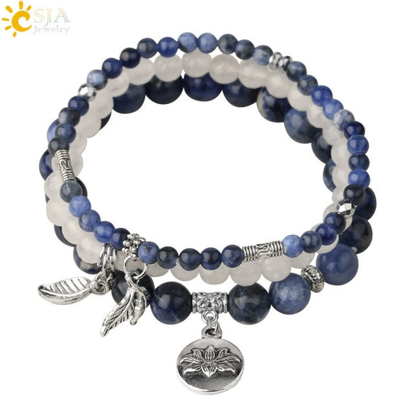 Minimalist Natural Stone Beaded Stretch Bracelet With Crystal Flower Pendant Three Row Unisex Bracelet