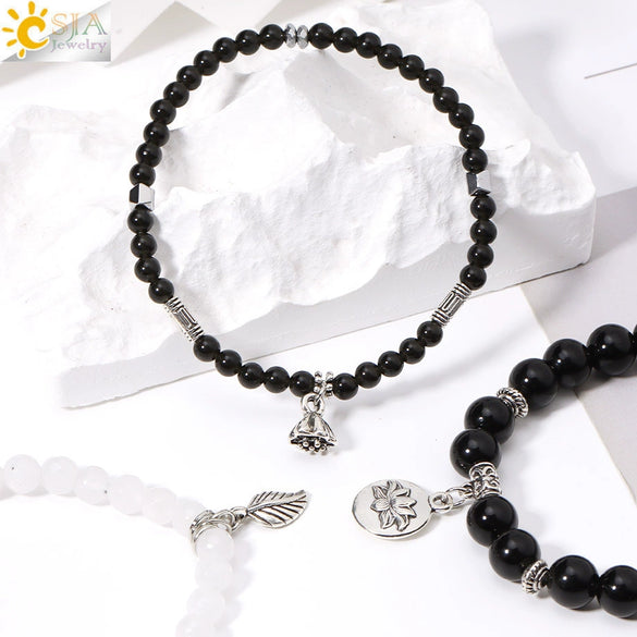 Minimalist Natural Stone Beaded Stretch Bracelet With Crystal Flower Pendant Three Row Unisex Bracelet