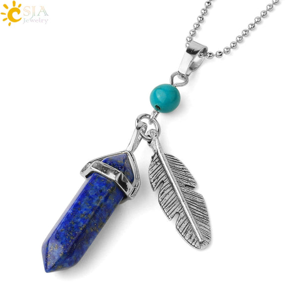 Minimalist Natural Stone Bullet Pendant Necklace With Feather Detail And Ball Chain Crystal Jewelry
