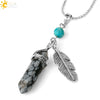 Minimalist Natural Stone Bullet Pendant Necklace With Feather Detail And Ball Chain Crystal Jewelry