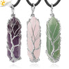 Minimalist Natural Stone Hexagonal Prism Necklace With Hand Wrapped Tree Of Life Pendant And Leather Rope Chain