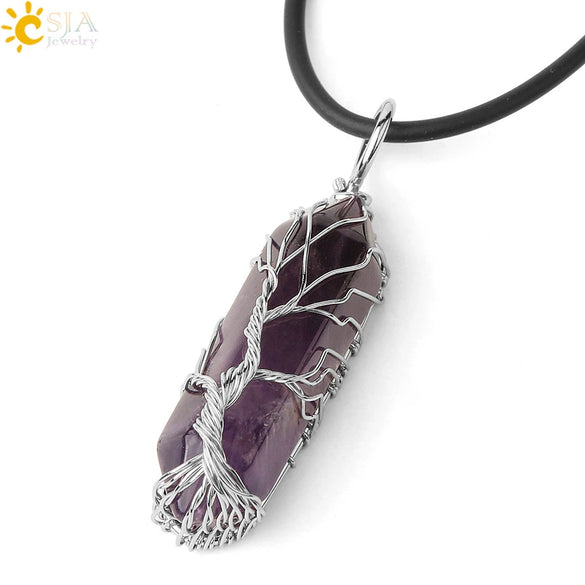 Minimalist Natural Stone Hexagonal Prism Necklace With Hand Wrapped Tree Of Life Pendant And Leather Rope Chain