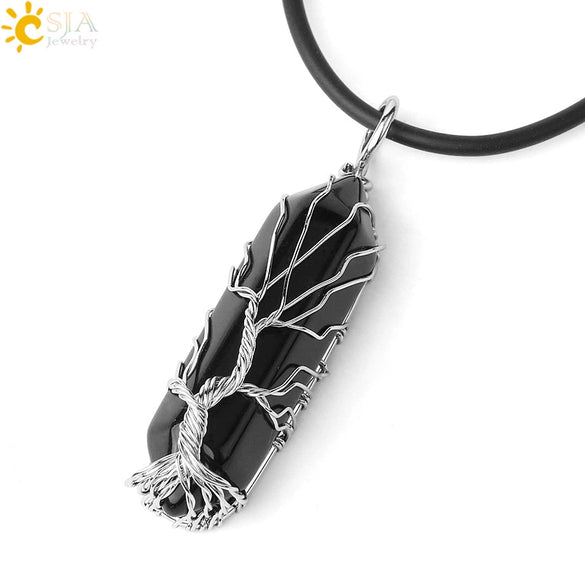 Minimalist Natural Stone Hexagonal Prism Necklace With Hand Wrapped Tree Of Life Pendant And Leather Rope Chain