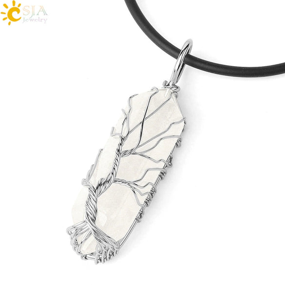 Minimalist Natural Stone Hexagonal Prism Necklace With Hand Wrapped Tree Of Life Pendant And Leather Rope Chain