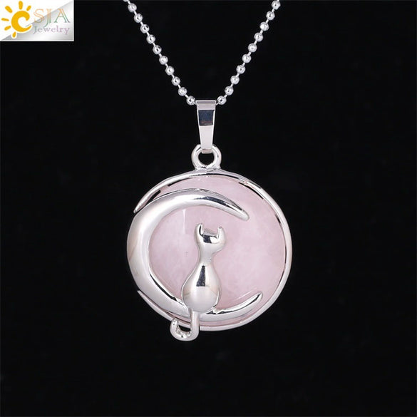 Minimalist Natural Stone Moon Cat Pendant Necklace With Copper Ball Chain Electroplated Clavicle Chain Jewelry