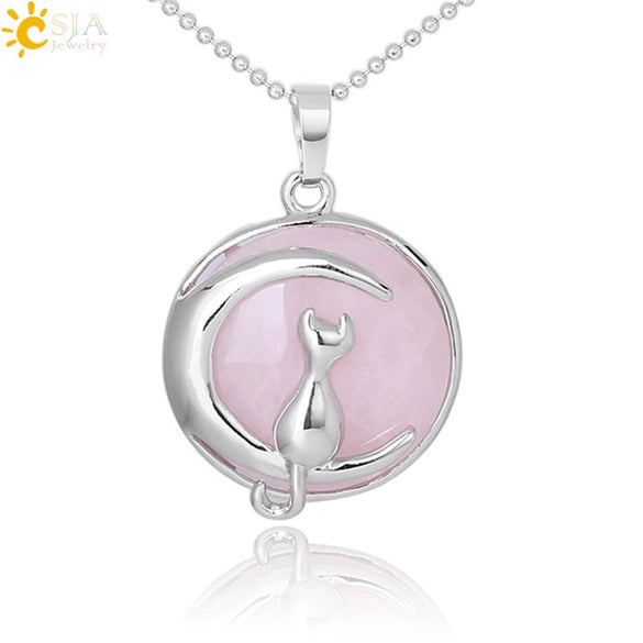 Minimalist Natural Stone Moon Cat Pendant Necklace With Copper Ball Chain Electroplated Clavicle Chain Jewelry