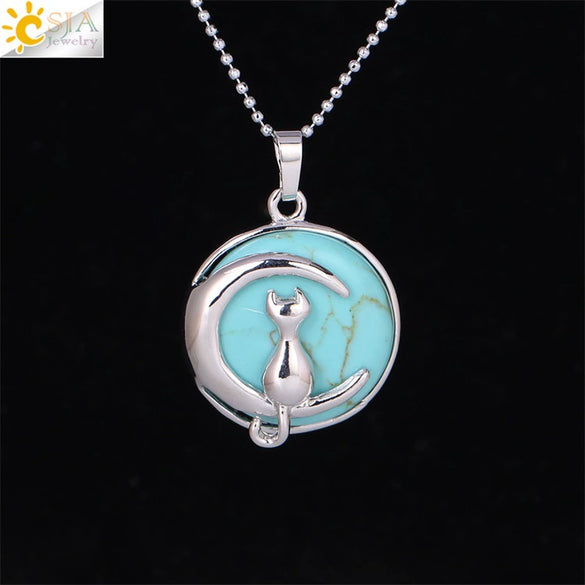 Minimalist Natural Stone Moon Cat Pendant Necklace With Copper Ball Chain Electroplated Clavicle Chain Jewelry