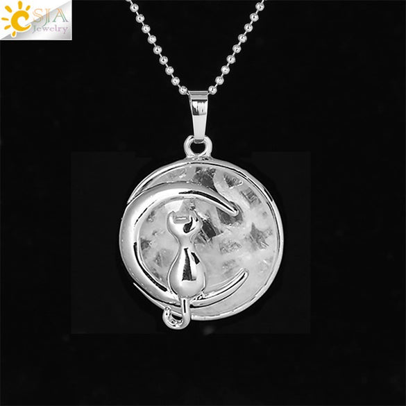 Minimalist Natural Stone Moon Cat Pendant Necklace With Copper Ball Chain Electroplated Clavicle Chain Jewelry