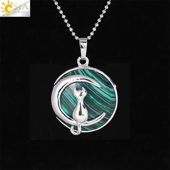Minimalist Natural Stone Moon Cat Pendant Necklace With Copper Ball Chain Electroplated Clavicle Chain Jewelry