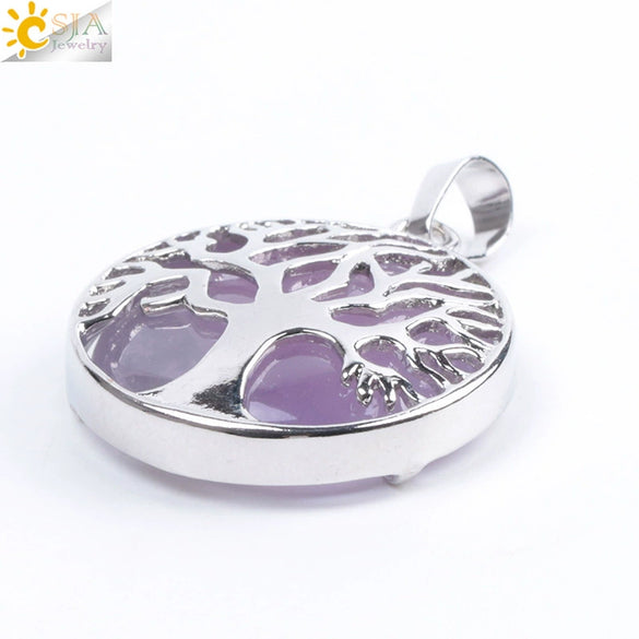 Minimalist Natural Stone Tree Of Life Pendant Necklace With Hollow Round Design Pink Crystal Amethyst And Electroplated Copper Accessories
