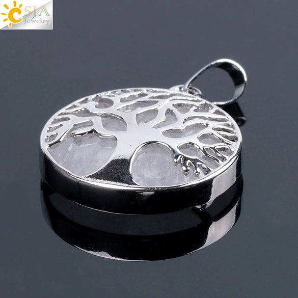 Minimalist Natural Stone Tree Of Life Pendant Necklace With Hollow Round Design Pink Crystal Amethyst And Electroplated Copper Accessories