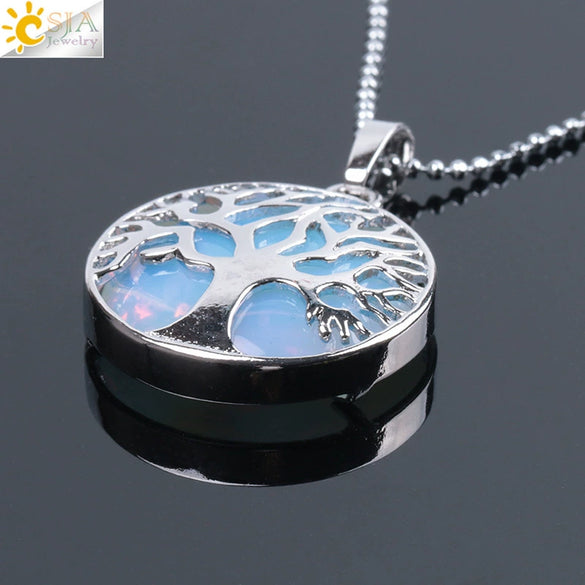 Minimalist Natural Stone Tree Of Life Pendant Necklace With Hollow Round Design Pink Crystal Amethyst And Electroplated Copper Accessories