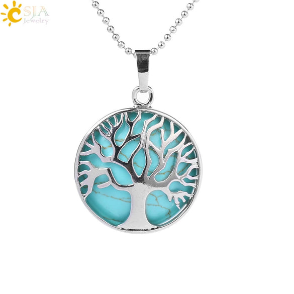 Minimalist Natural Stone Tree Of Life Pendant Necklace With Hollow Round Design Pink Crystal Amethyst And Electroplated Copper Accessories