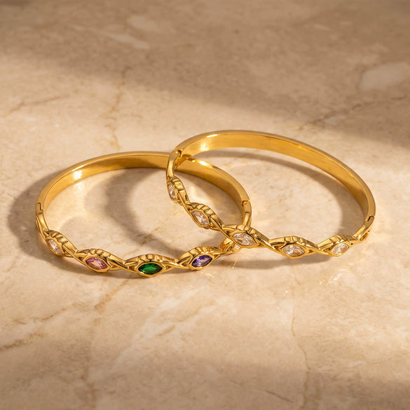 Minimalist Oval Stainless Steel Bracelet For Women With Zircon Inlay And 18K Gold Plated Finish