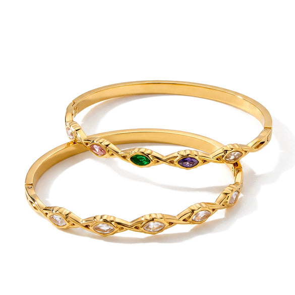 Minimalist Oval Stainless Steel Bracelet For Women With Zircon Inlay And 18K Gold Plated Finish
