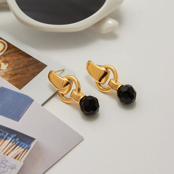 Minimalist Retro Style Stainless Steel Geometric Earrings With Black Crystal And Electroplating