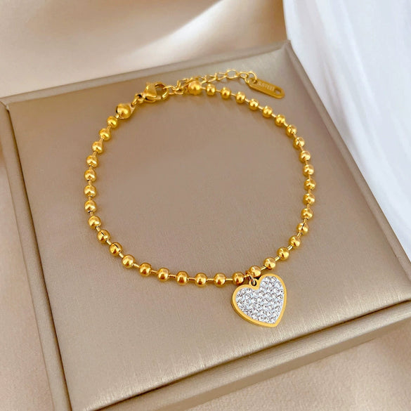 Minimalist Round Beads Heart Shape Electroplated Stainless Steel Chain Bracelet For Women