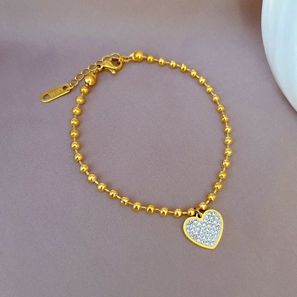 Minimalist Round Beads Heart Shape Electroplated Stainless Steel Chain Bracelet For Women