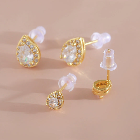 Minimalist Sparkling Diamond Water Drop Copper Goldplated Stud Earrings For Women