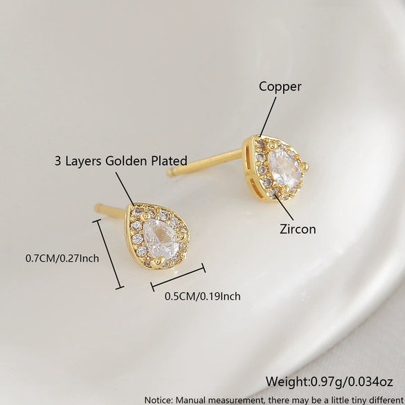 Minimalist Sparkling Diamond Water Drop Copper Goldplated Stud Earrings For Women