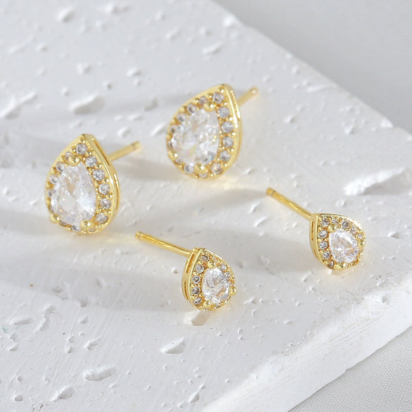 Minimalist Sparkling Diamond Water Drop Copper Goldplated Stud Earrings For Women