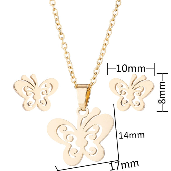 Minimalist Stainless Steel Butterfly Stud Earrings And Necklace Jewelry Set With Hollow Geometric Design And Electroplated Finish