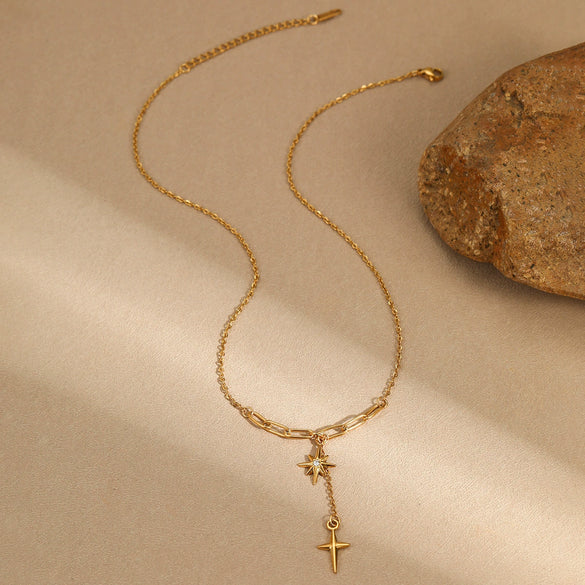 Minimalist Stainless Steel Clavicle Chain With Geometric Pattern And Star Pendant Electroplated