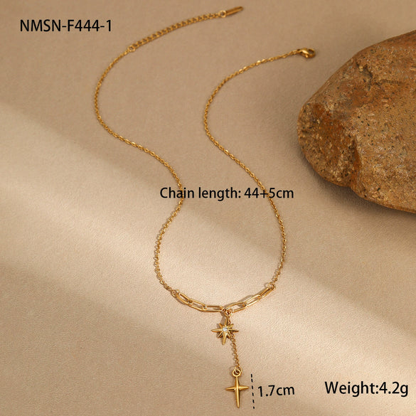 Minimalist Stainless Steel Clavicle Chain With Geometric Pattern And Star Pendant Electroplated